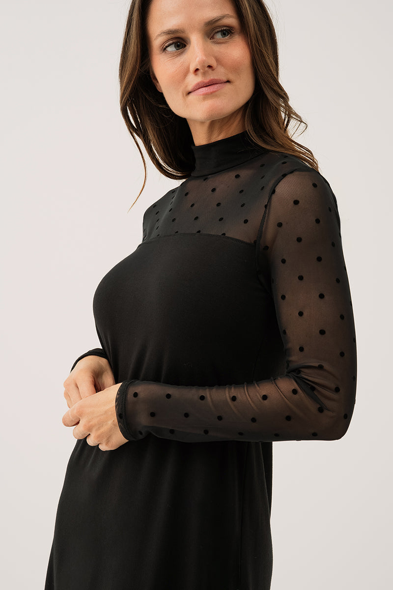 La robe courte noire col montant manche longue bi-matière | Robe chic