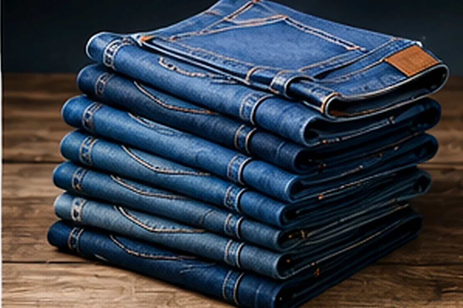 Pile de jeans bleus pliés sur une table de bois