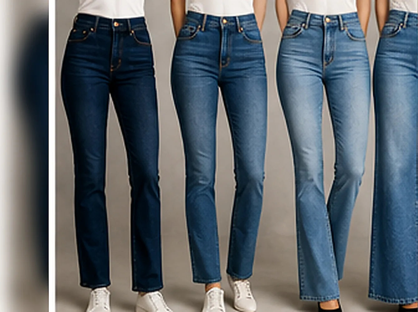 Quatre jeans femme portés, du plus ajusté au plus large
