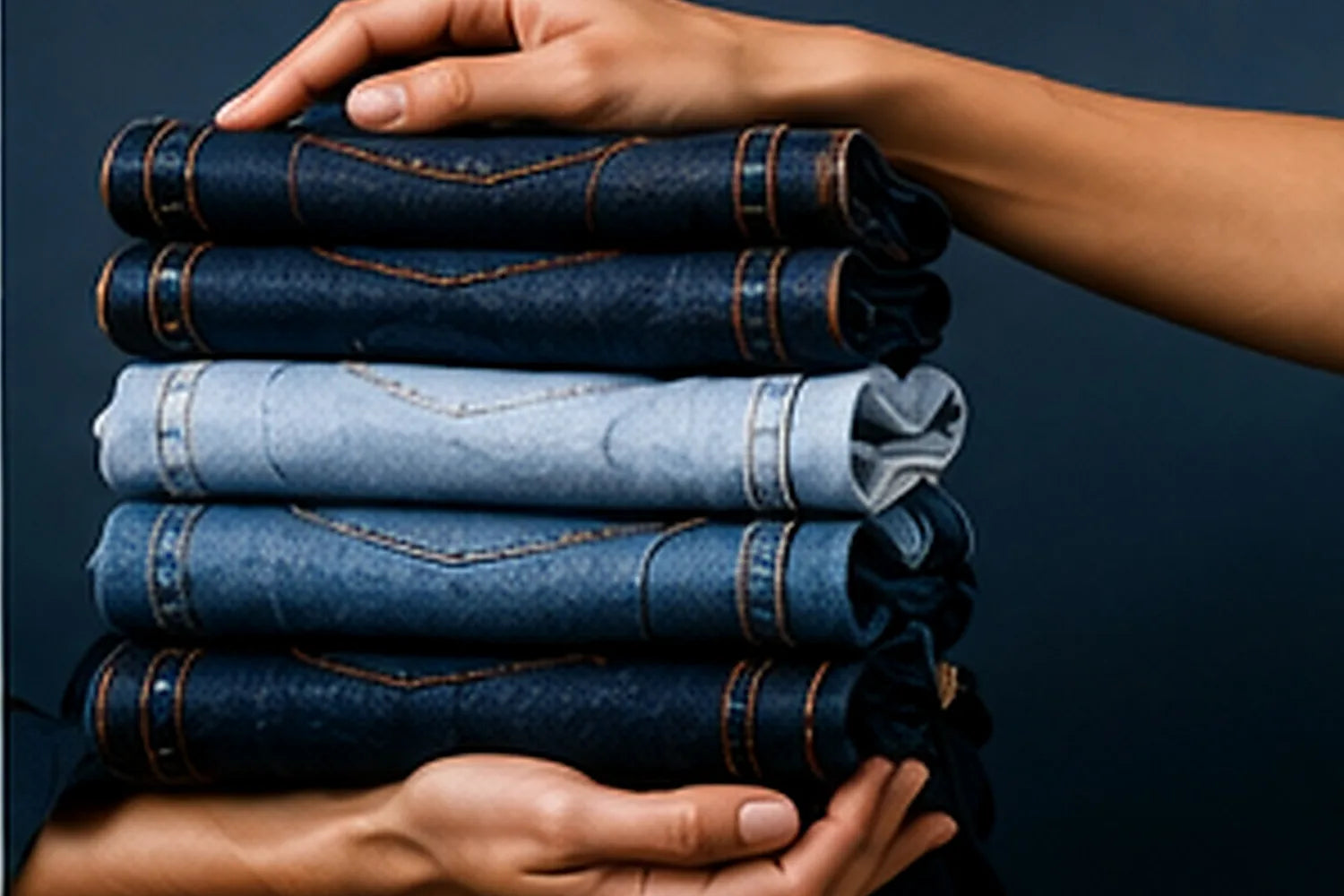 Jeans bleus pliés tenus dans les mains