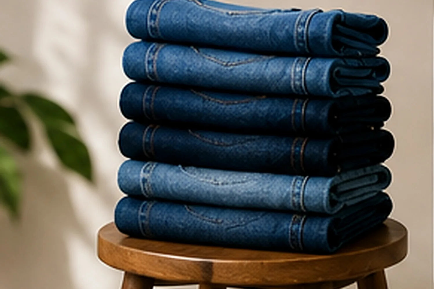 Jeans pliés empilés sur un tabouret de bois