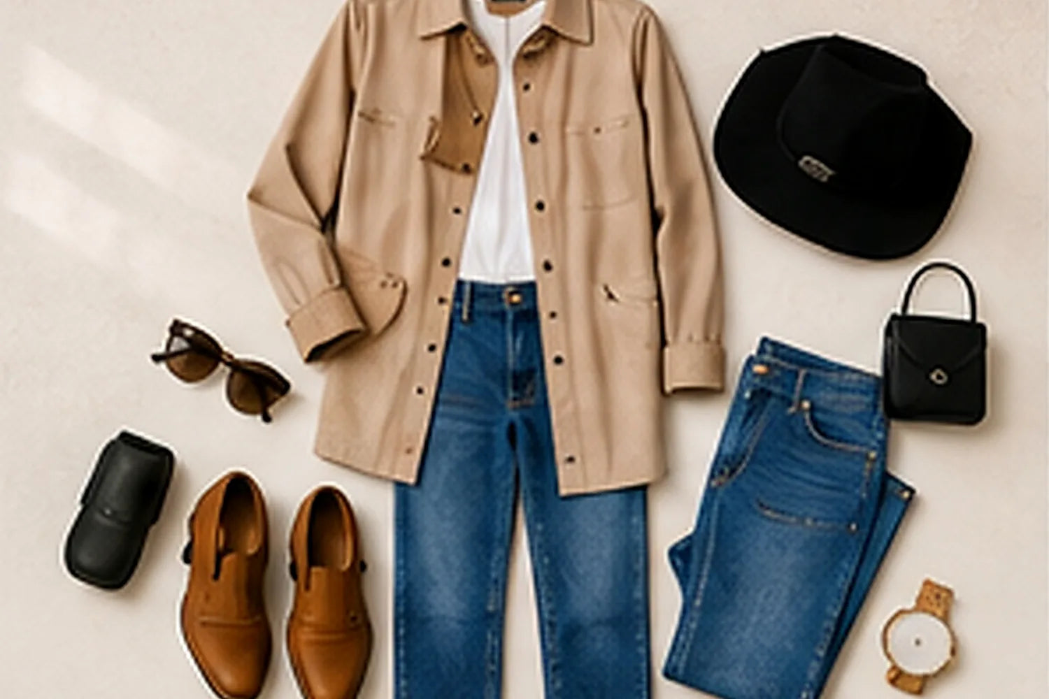 Tenue à plat composée d'un jeans et d'accessoires