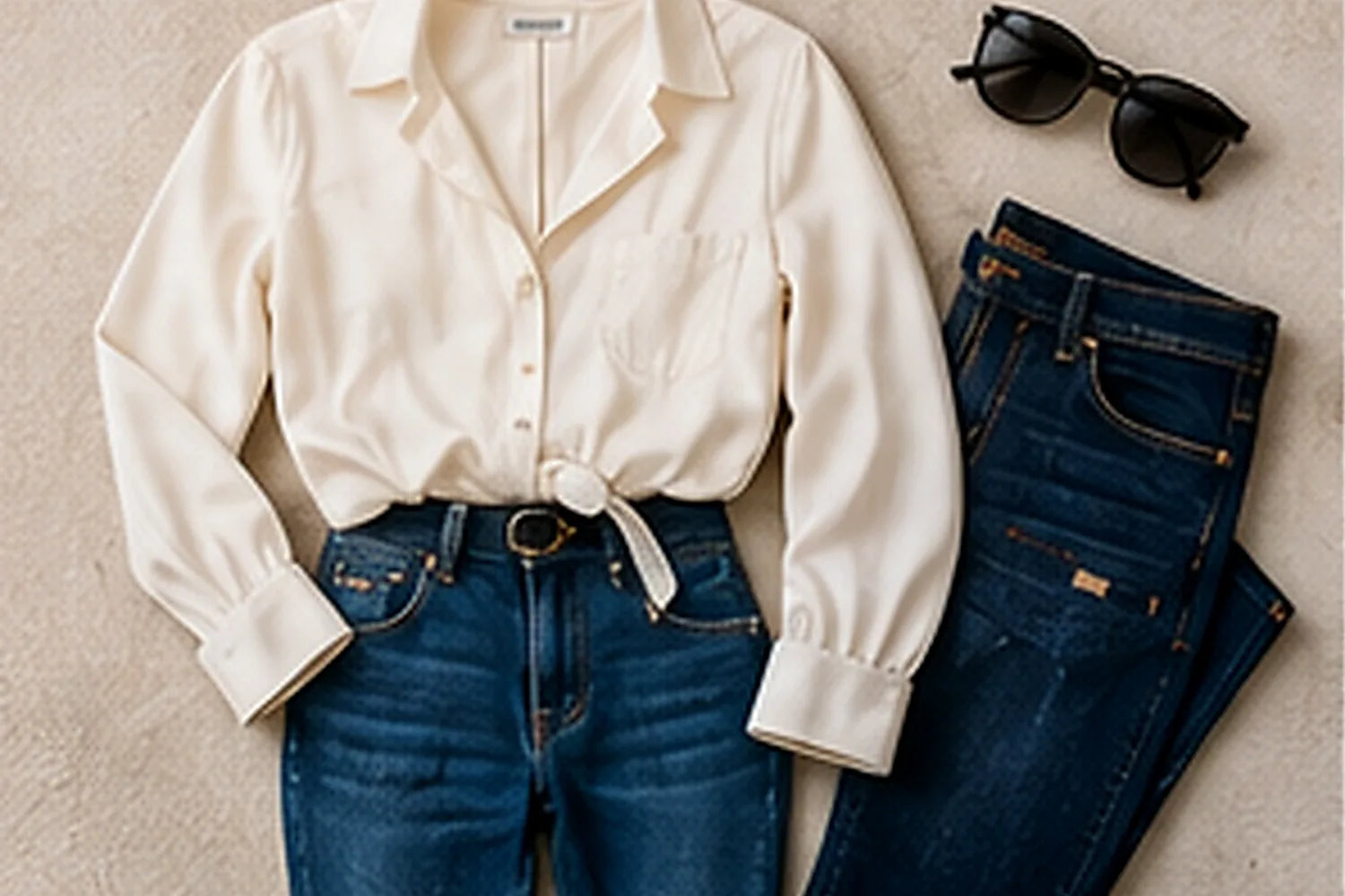 Blouse blanche et jeans posés à plat