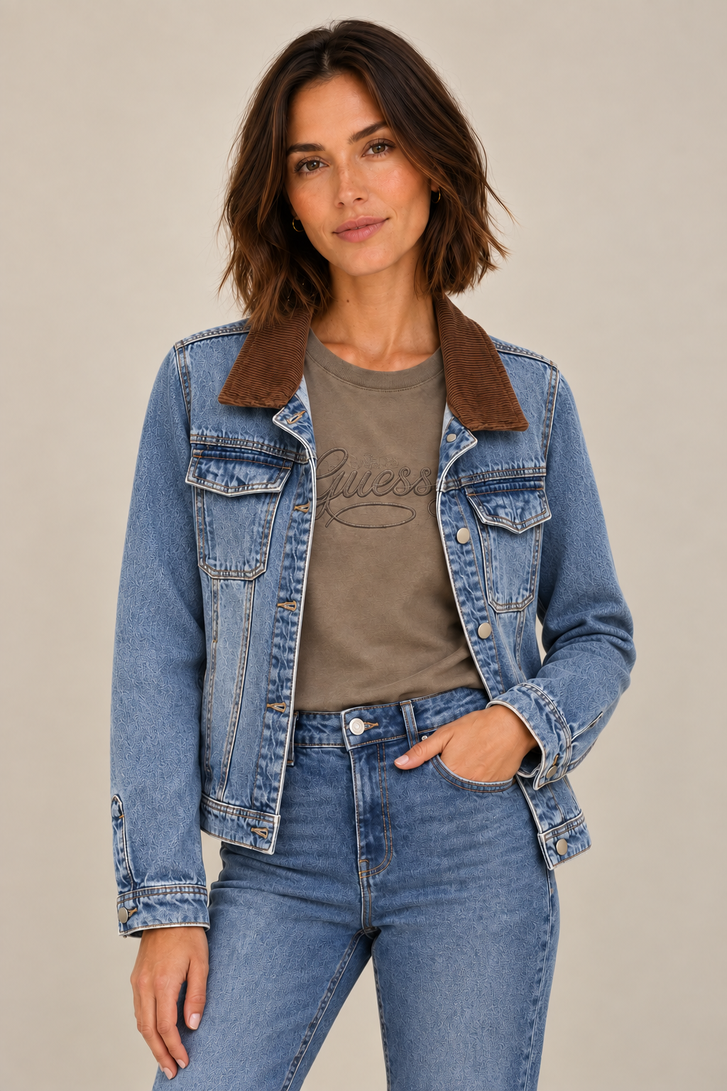 La veste en jean à col contrastant
