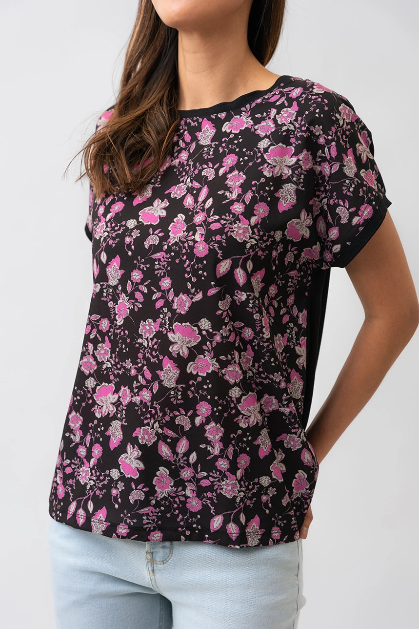 Le t shirt bi matiere imprime floral. t shirt femme t shirt fleuri Boutique le Pentagone