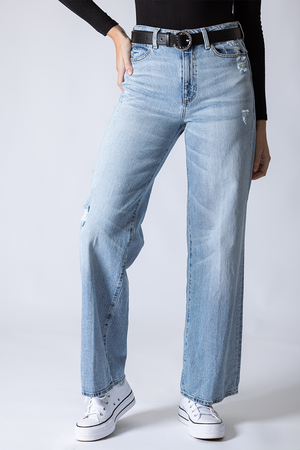 Le jeans détails usés taille haute jambe large | Modèle Wide leg